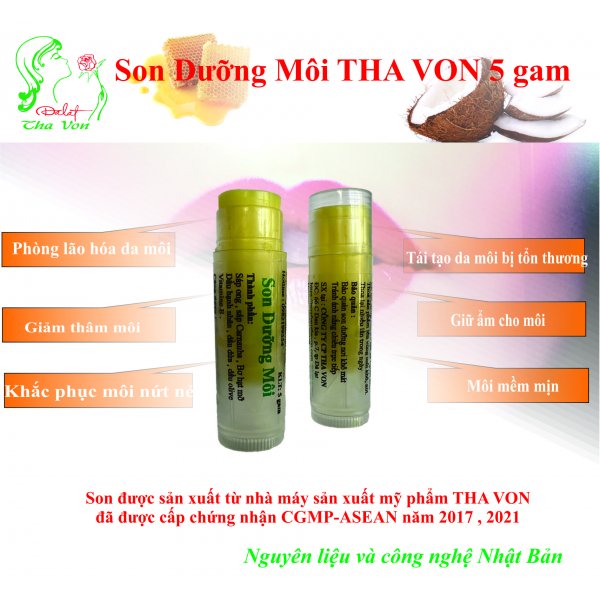 Son Dưỡng Môi Tha Von 5 gam   Giúp dưỡng môi , tái tạo môi bị tổn thương . giảm thâm môi Khắc phục môi nứt nẻ, giữ ẩm cho môi , giúp môi mềm mịn
